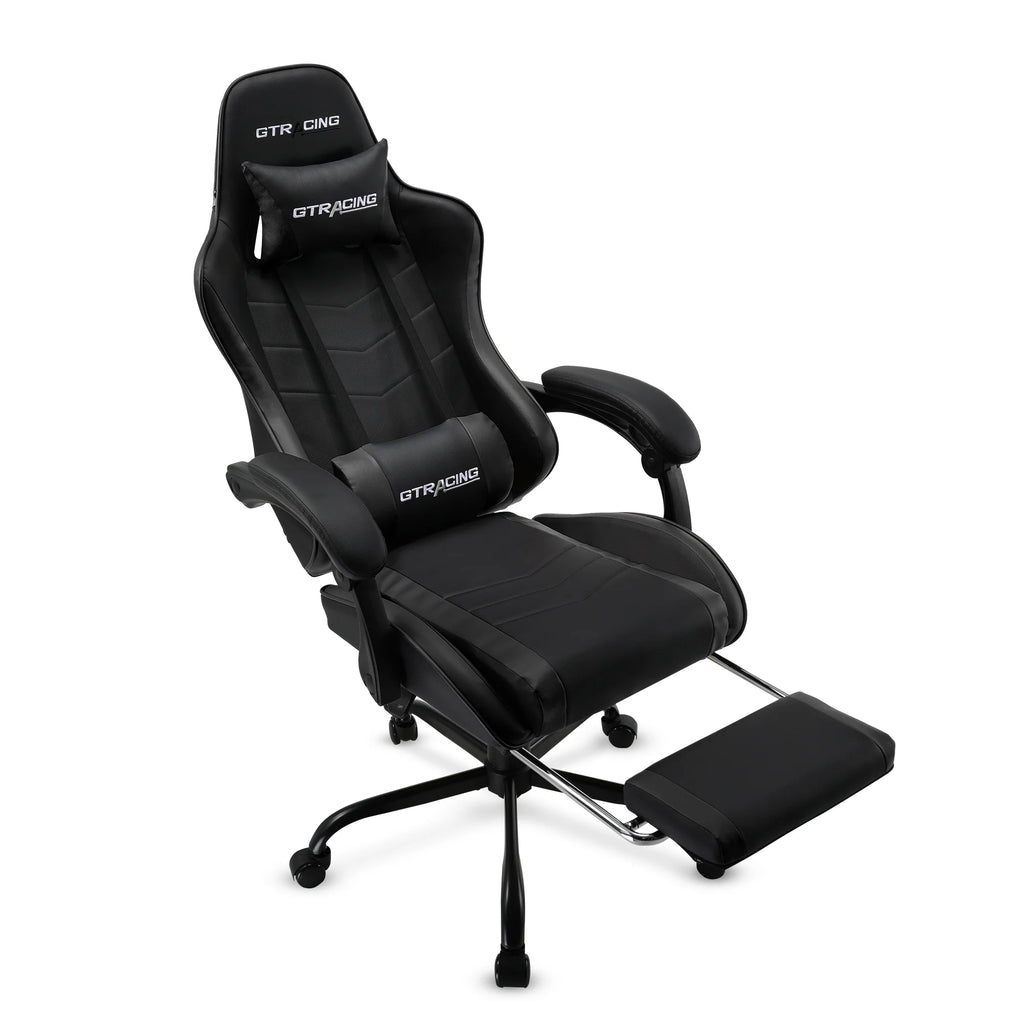 Ergonomic GTWD-200 Gaming and Office Chair with Adjustable Pillows and Footrest, Black