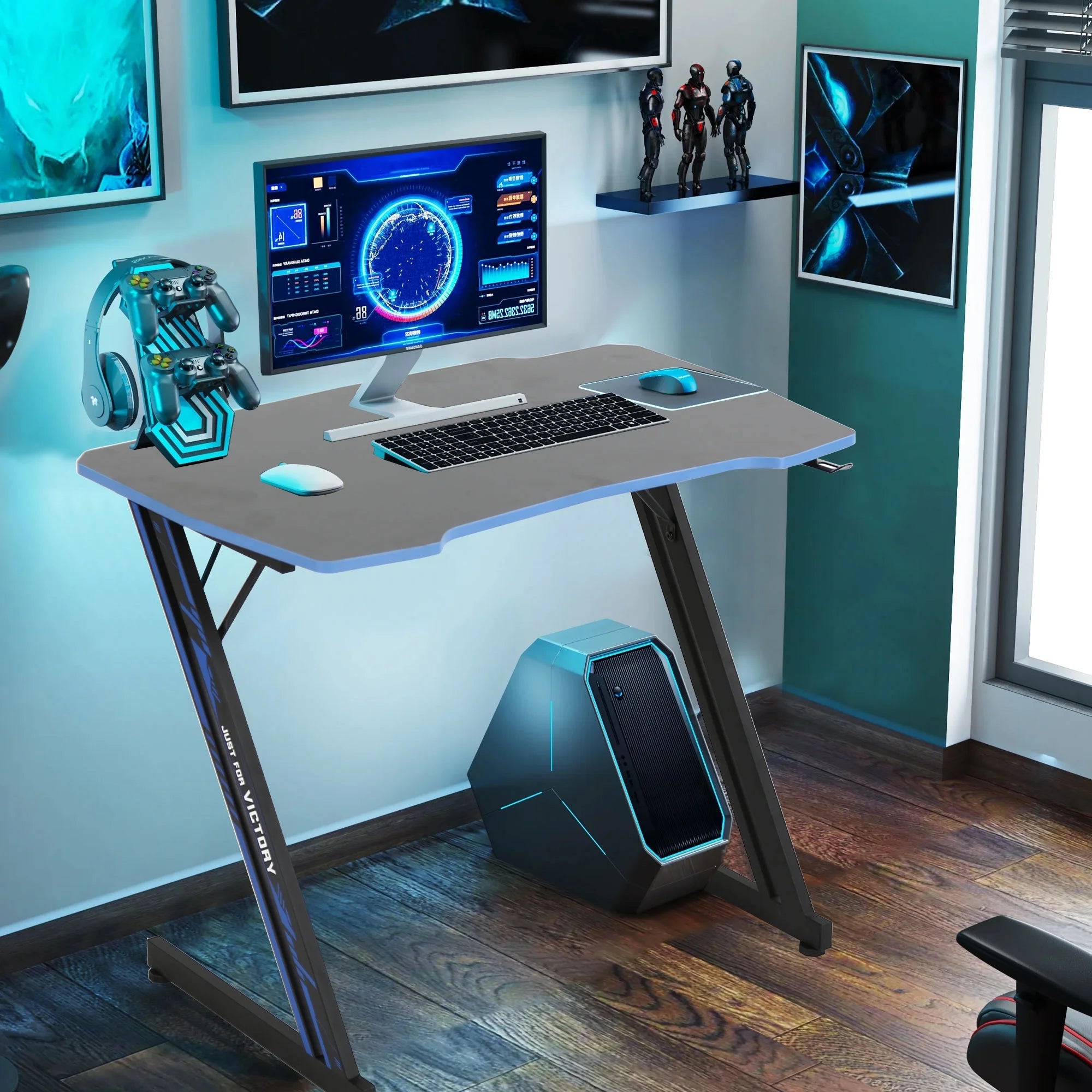 Level up your gaming setup with this cool Blue Z Shaped Desk featuring a handy headphone hook! 🎮💙 #GamingDesk #SetupGoals