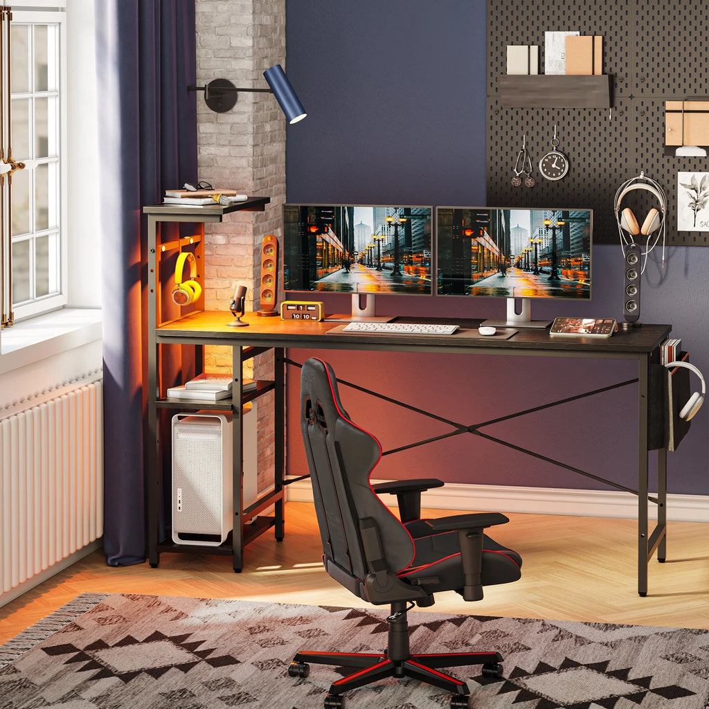 Transform your gaming space with this stylish 61" Reversible Desk, complete with LED lights and 4 roomy shelves! 🖥️✨ #GamingDesk #HomeOffice #LEDLighting