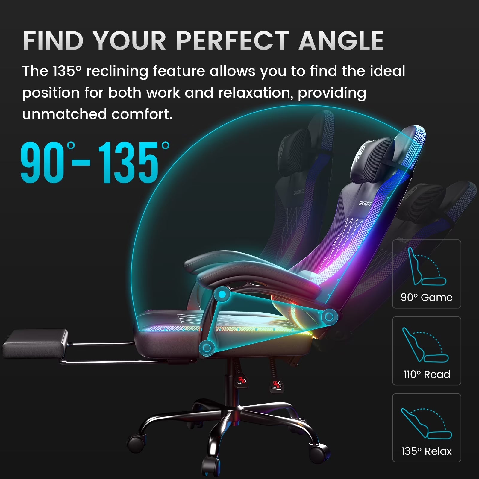 RGB Ergonomic Gaming Chair with Massage, LED Lights, Footrest, Lumbar Support, Black