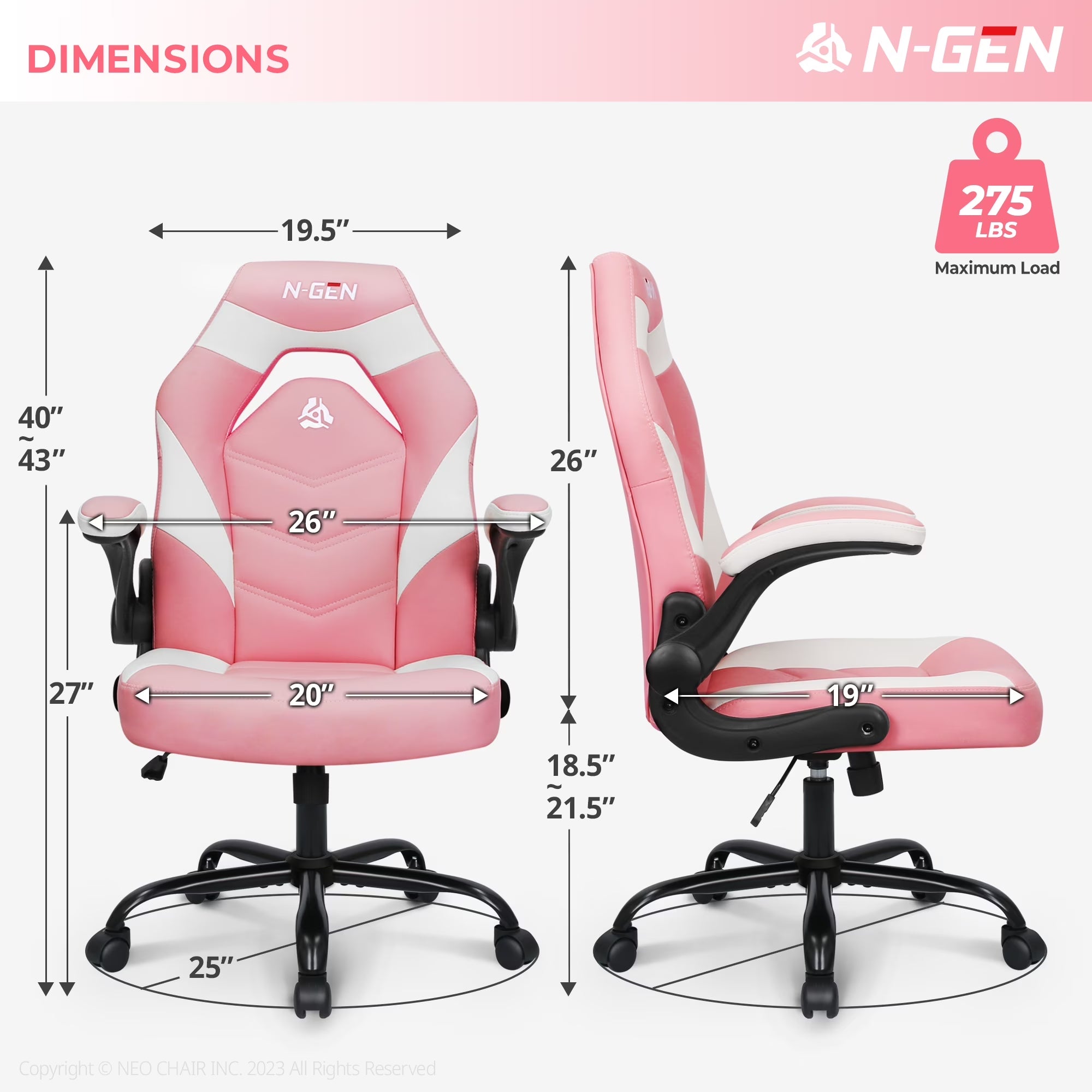 N-GEN Gaming Chair, Ergonomic Leather Computer Desk Chair, Adjustable Swivel Task Chair with Flip-Up Armrest for Adults, Pink