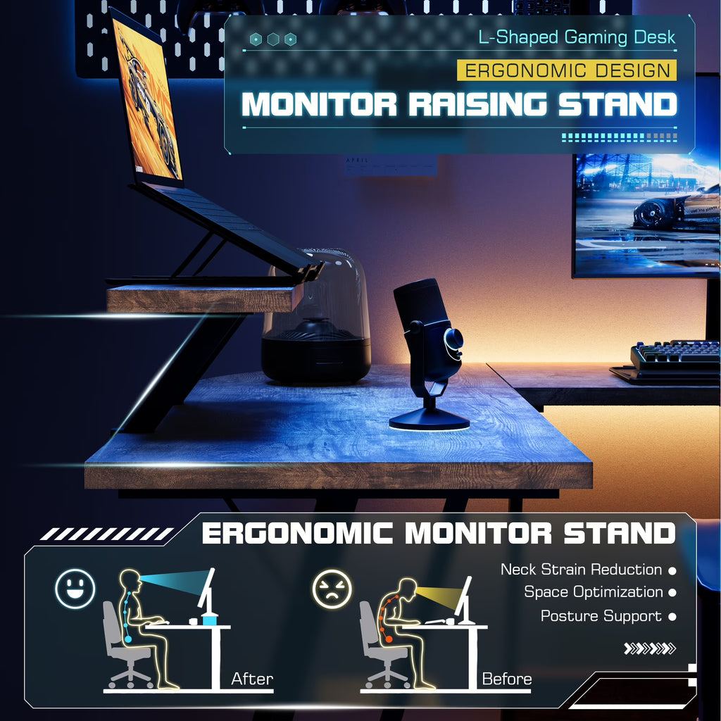 L-Shaped Gaming Desk 51.2 Inches Corner Office Gaming Desk with Removable Monitor Riser, Classical Brown