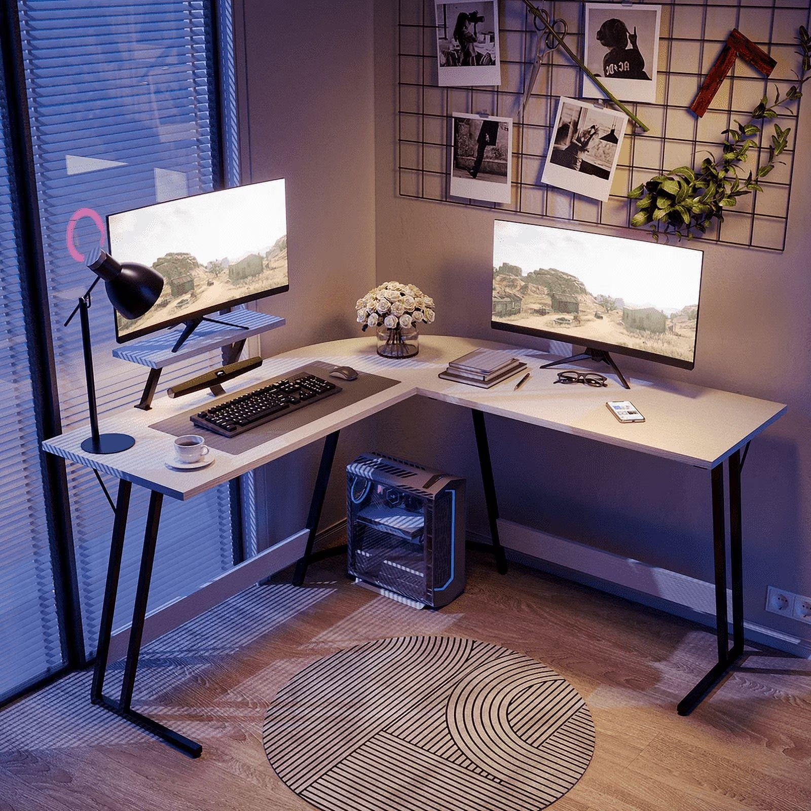 L-Shaped Gaming Desk 51.2 Inches Corner Office Gaming Desk with Removable Monitor Riser, Classical White