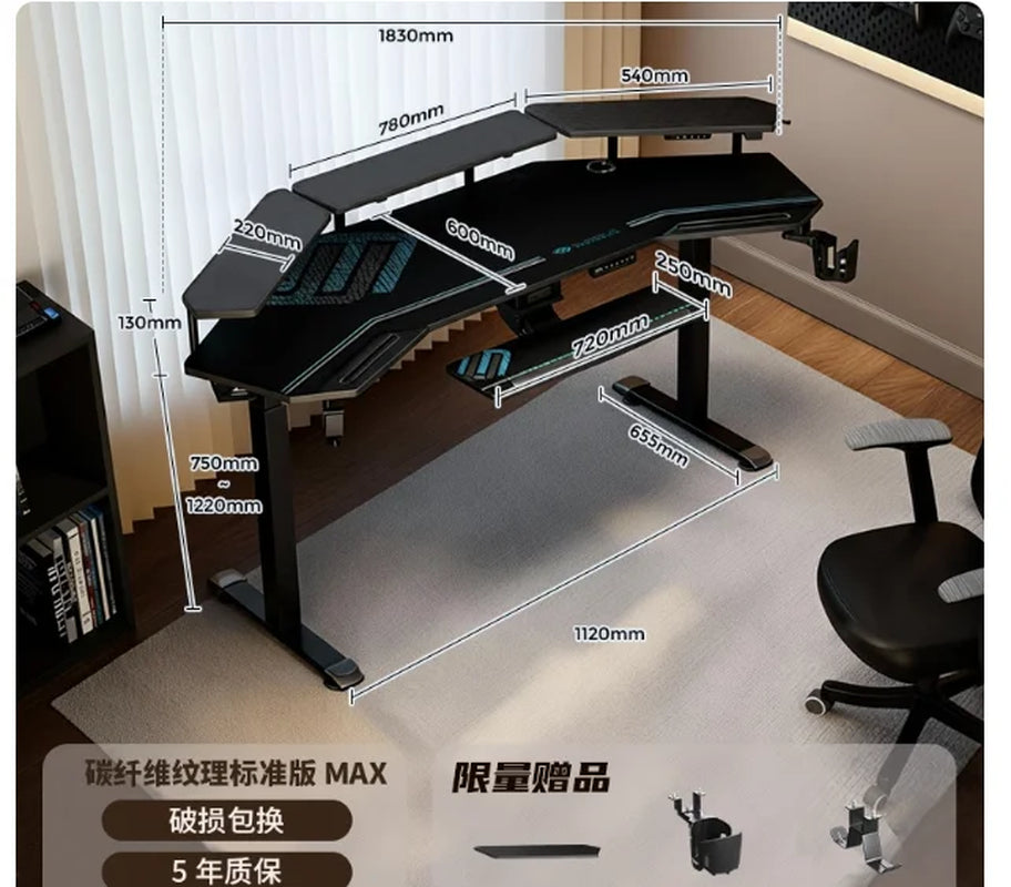 Aero Gaming Desk with Led Lights, 72" Large Wing-Shaped Studio Desk W Keyboard Tray Monitor Stand Dual Headphon