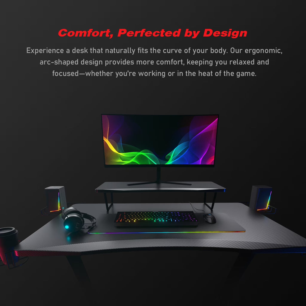 Level up your gaming setup with our sleek Ergonomic Curved LED Z-Leg Desk in Black! 🖤🎮✨