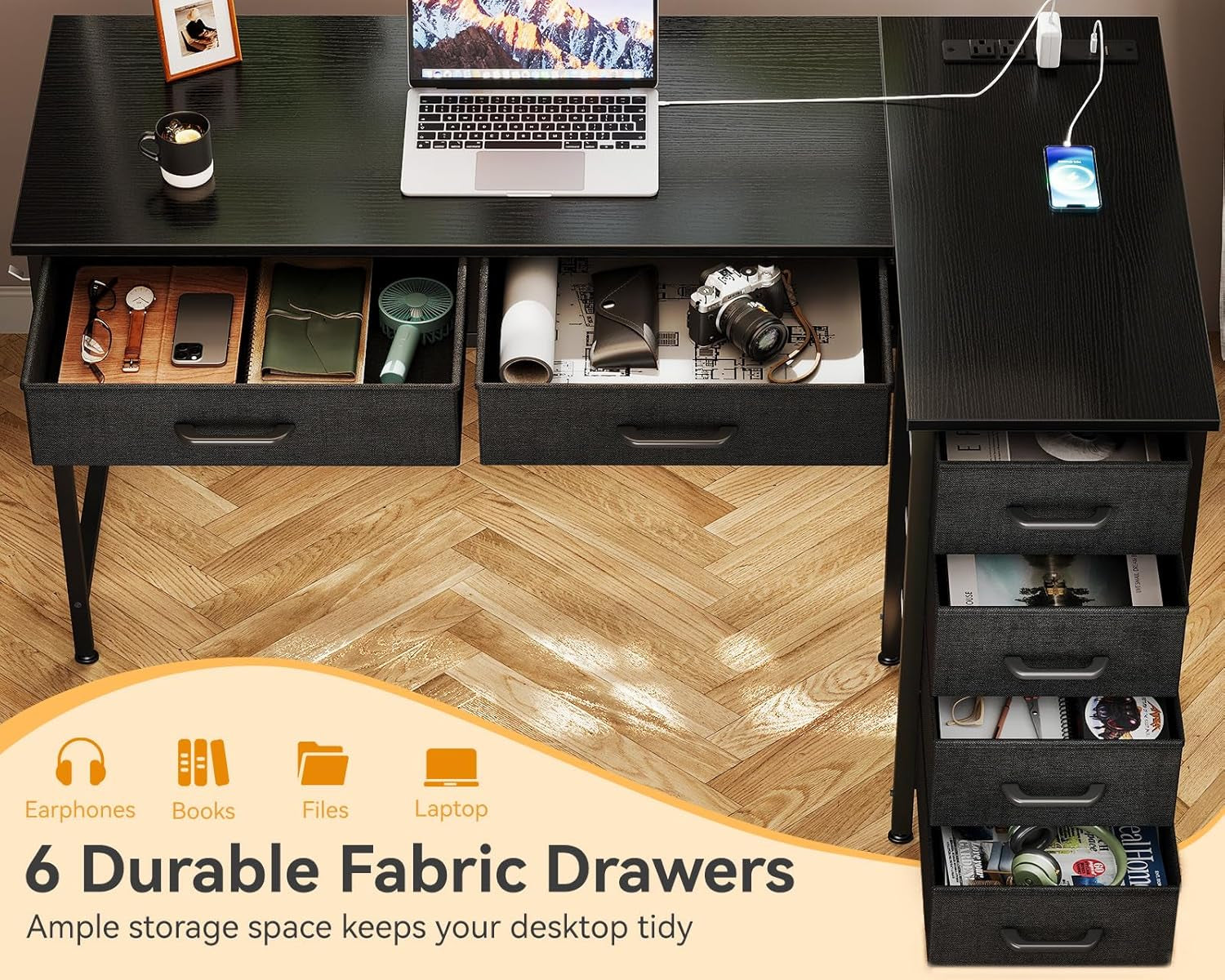 61 Inch L Shaped Desk with Drawers, Computer Desk with Power Outlets, Home Office Desk with 6 Drawers, Reversible Corner Desk for Small Space, Study Work Table with Hook, Black