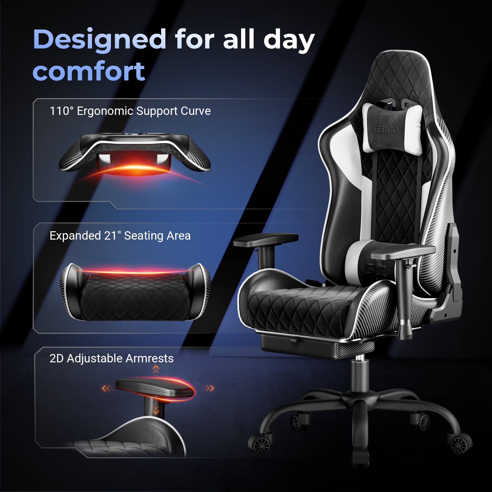 Gcpro-10 Big and Tall Gaming Chair with Footrest, High-Back Ergonomic Office Chair, Heavy Duty Reclining Computer Desk Chair with Adjustable Lumbar Support and Headrest