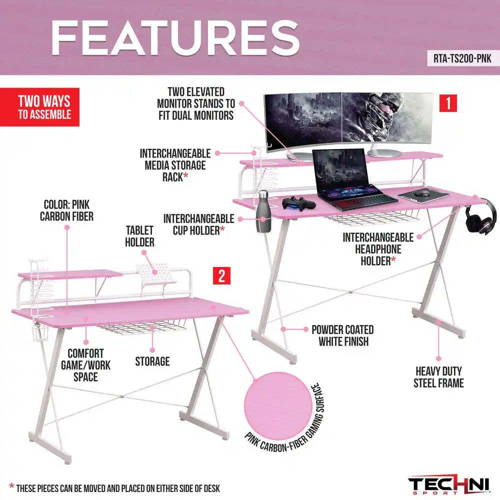 47.25" TS-200 Carbon Computer Gaming Desk with Shelving, Pink