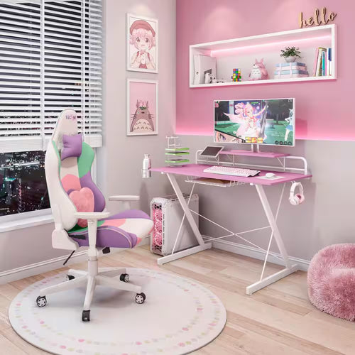 47.25" TS-200 Carbon Computer Gaming Desk with Shelving, Pink
