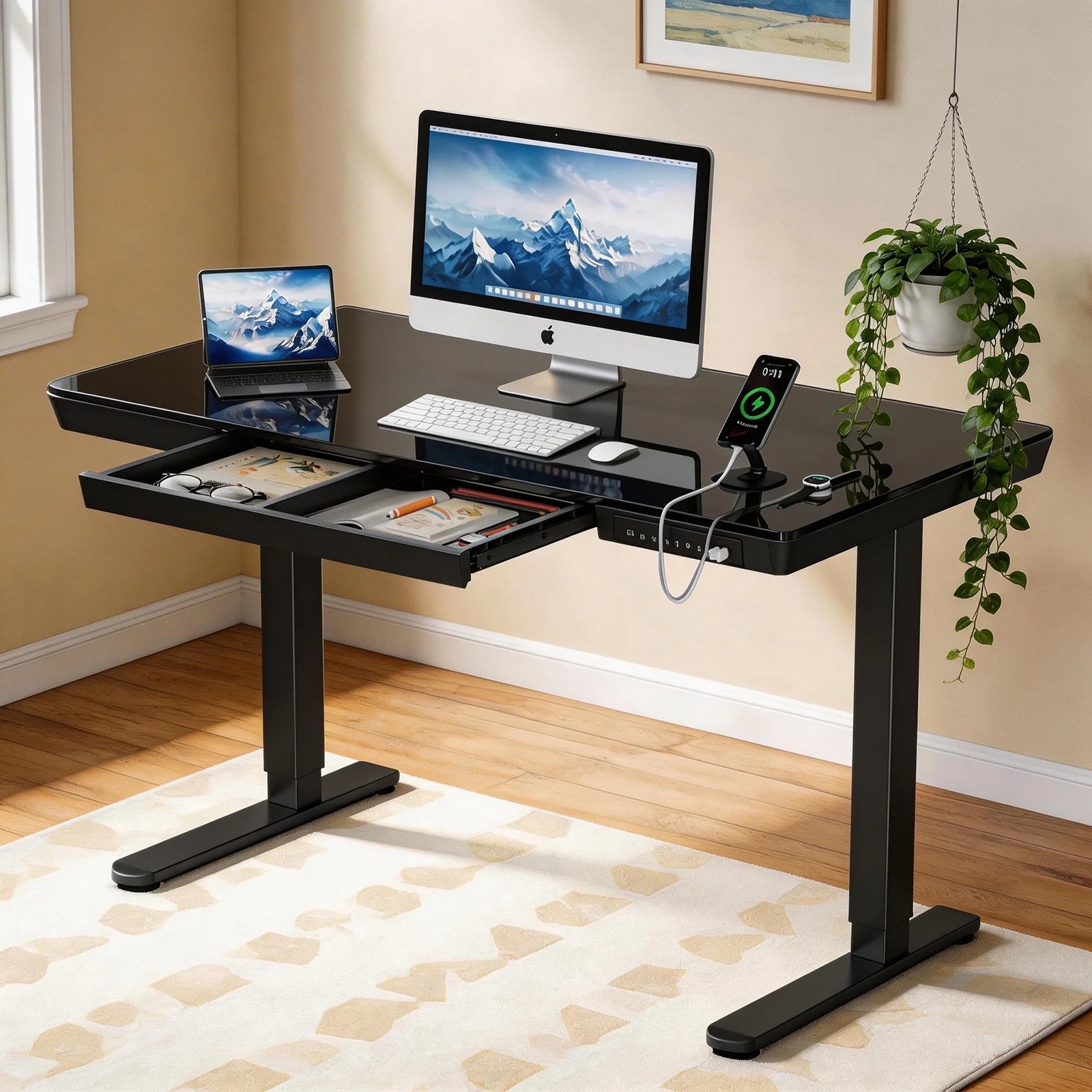 Glass Top Electric Standing Desk with Drawer, 48'' X 24'' Electric Height Adjustable Desk with USB Charging Ports, Sit Stand up for Home Office