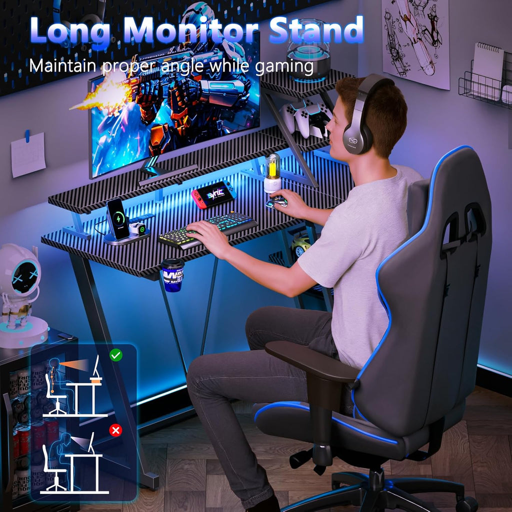 40" L-Shaped Gaming Desk with LED Lights & Power Outlet, Carbon Fiber Black