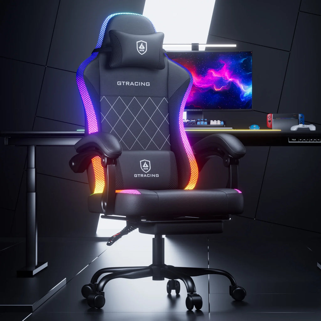 RGB Ergonomic Gaming Chair with Massage, LED Lights, Footrest, Lumbar Support, Black