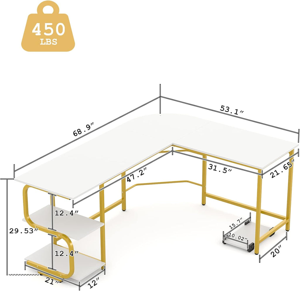 Reversible L Shaped Desk with Large Surface, 69 Inch Sturdy Corner Desk with Storage Shelves, Premium Office Computer Desk Workstation for Home Office Gaming