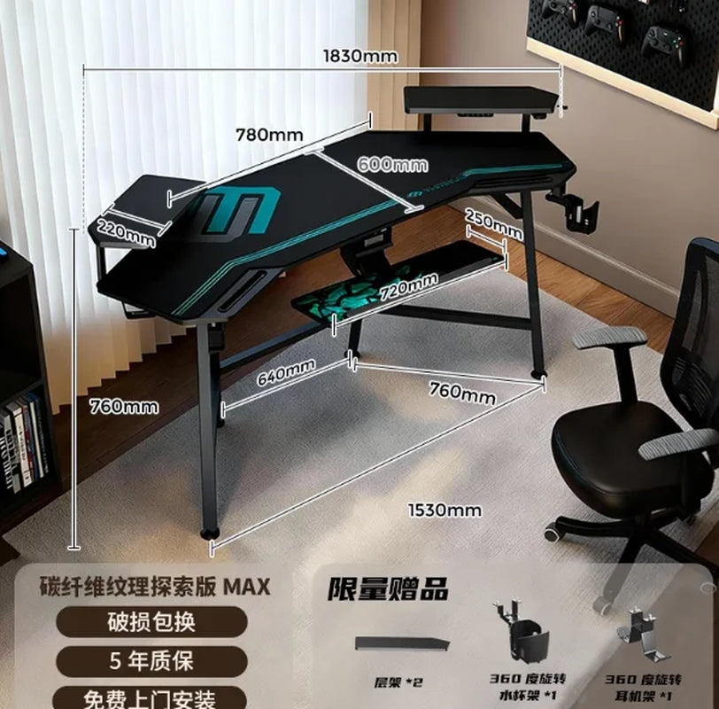 Aero Gaming Desk with Led Lights, 72" Large Wing-Shaped Studio Desk W Keyboard Tray Monitor Stand Dual Headphon
