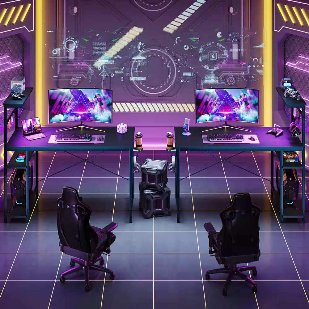 Level up your gaming setup with this sleek 44" Black Grained Desk featuring RGB LED lights and 4-tier storage! 🎮✨ #GamingDesk #SetupGoals