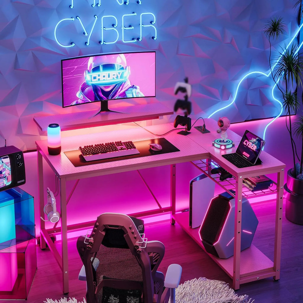 42" L Shaped Computer Desk with Power Outlets, Corner Office Desk with LED Lights & Monitor Stand, Reversible Shelves, Corner Desk for Small Spaces ,Bedrooms & Home, Carbon Fiber Pink
