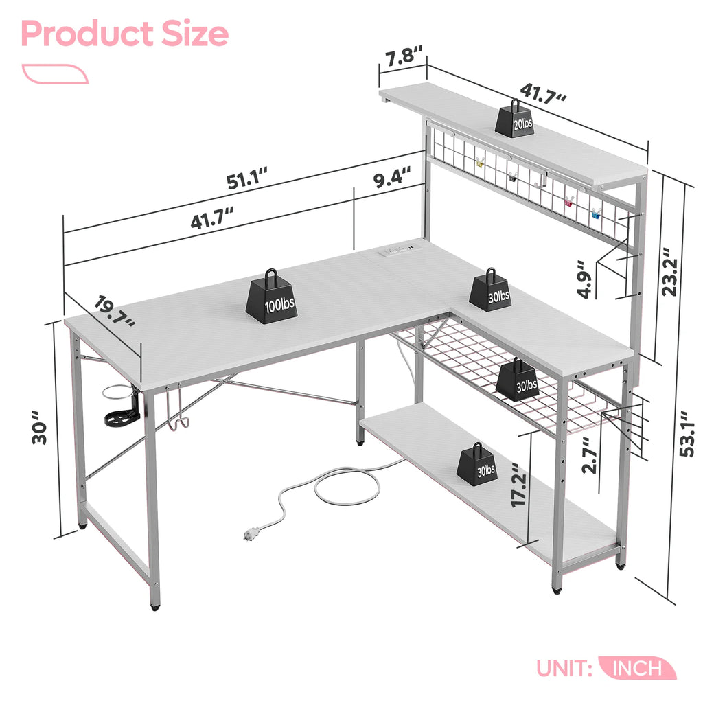 51 L Shaped Gaming Desk with Power Outlets, LED Workstation with 4 Tiers Shelves, Carbon Fiber White