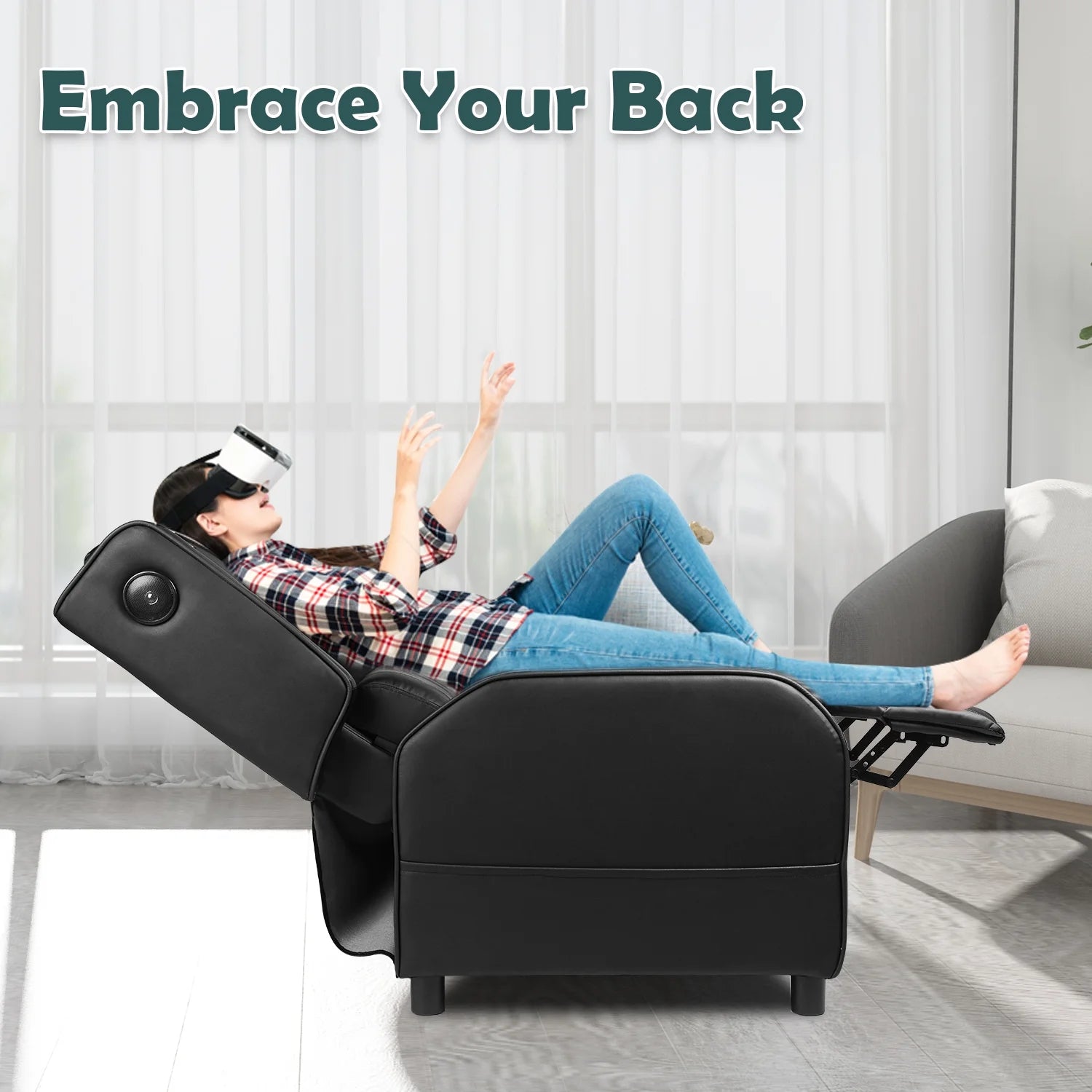 Level up your gaming experience with our sleek Black Recliner Chair! 🎮🛋️ Enjoy ultimate comfort with built-in Bluetooth speakers and a cozy footrest! #GamingChair #HomeTheater #ComfortGaming