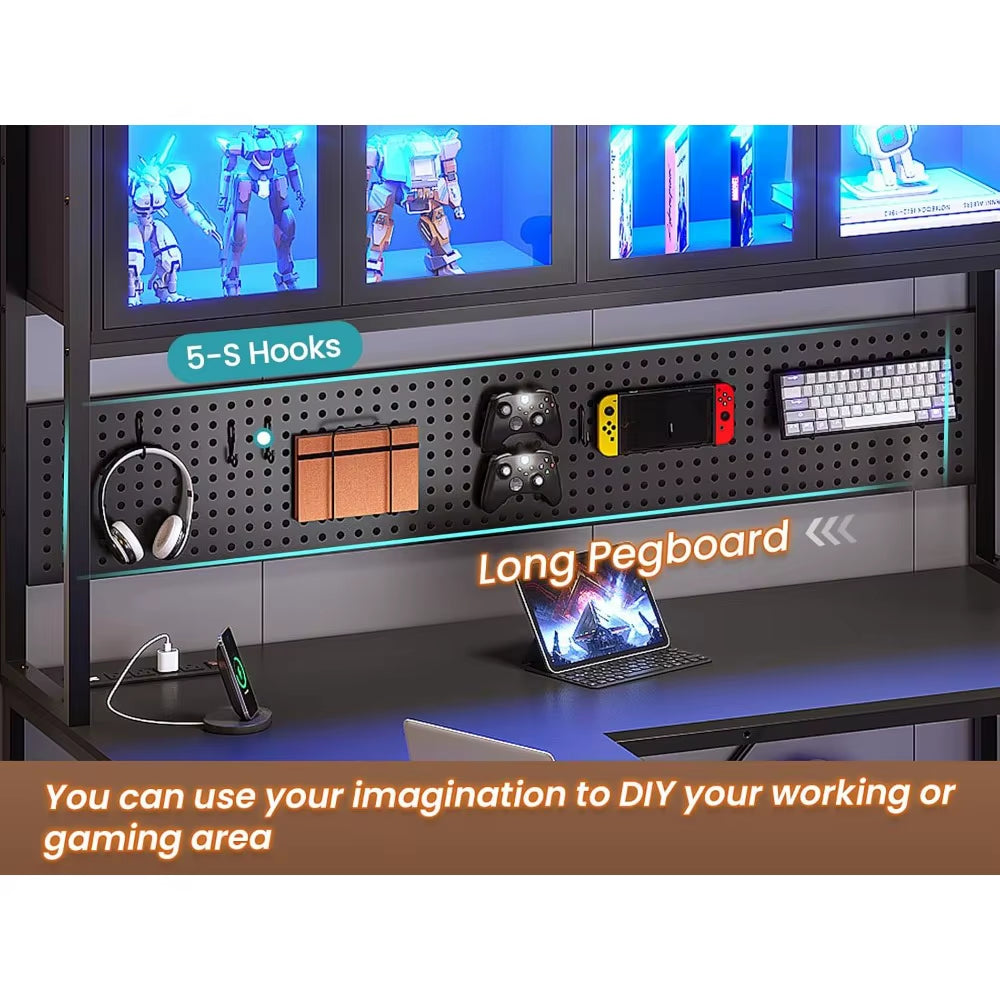 L Shaped Gaming Desk with Drawers, L Shaped Computer Desk with Hutch and Storage Shelves, Gaming Desk with Pegboard, Led Lights