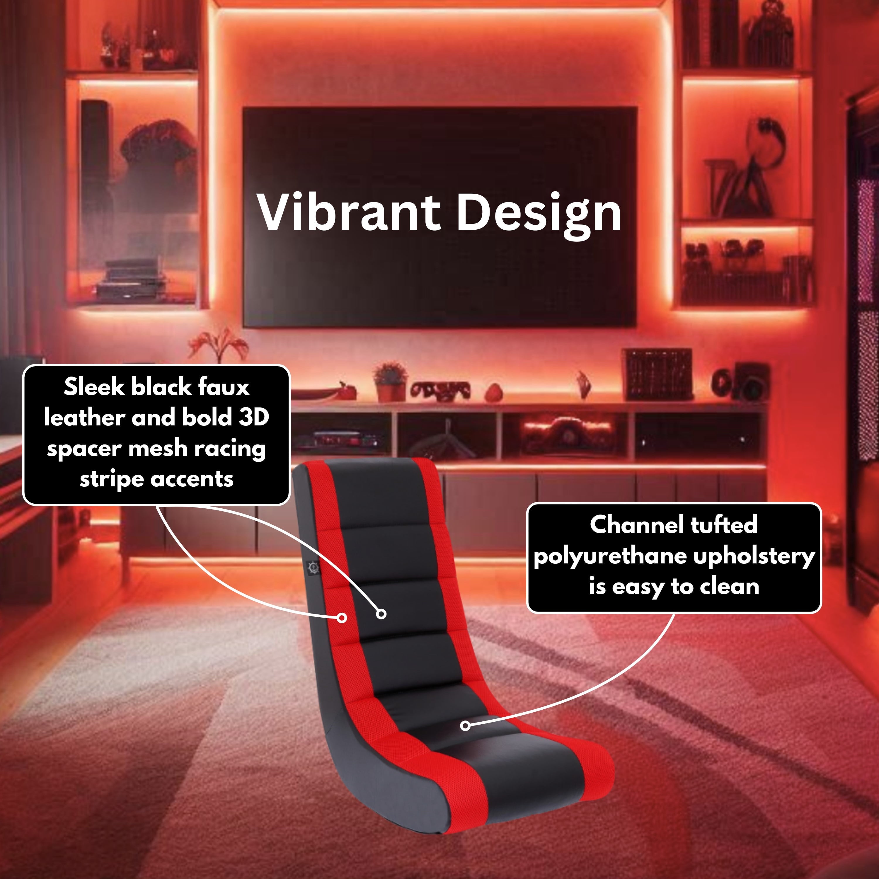 Level up your gaming experience with the Classic Video Rocker Floor Chair! Perfect for kids and teens, featuring stylish PU faux leather and breathable polyester mesh in sleek black and red. 🎮🔥 #GamingChair #KidsGaming