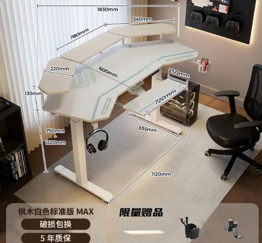 Aero Gaming Desk with Led Lights, 72" Large Wing-Shaped Studio Desk W Keyboard Tray Monitor Stand Dual Headphon