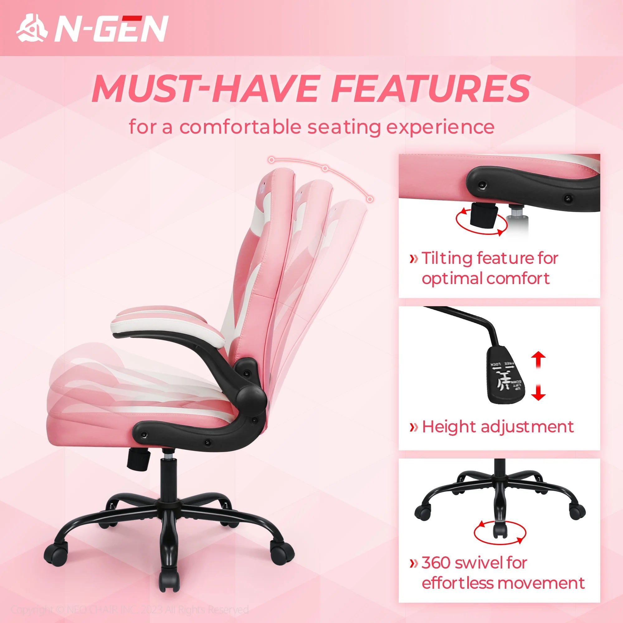 N-GEN Gaming Chair, Ergonomic Leather Computer Desk Chair, Adjustable Swivel Task Chair with Flip-Up Armrest for Adults, Pink